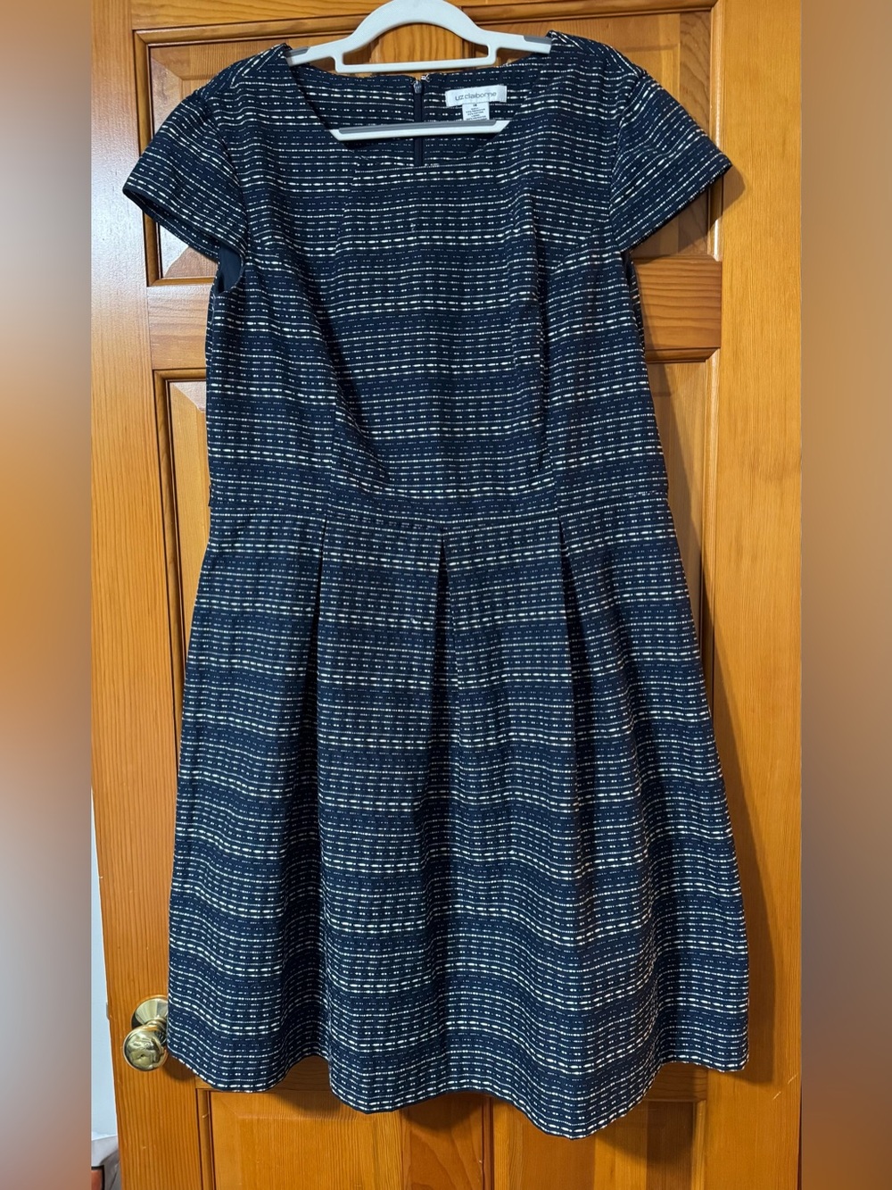 Liz Claiborne Navy and White Textured Fit-and-Flare Midi Dress